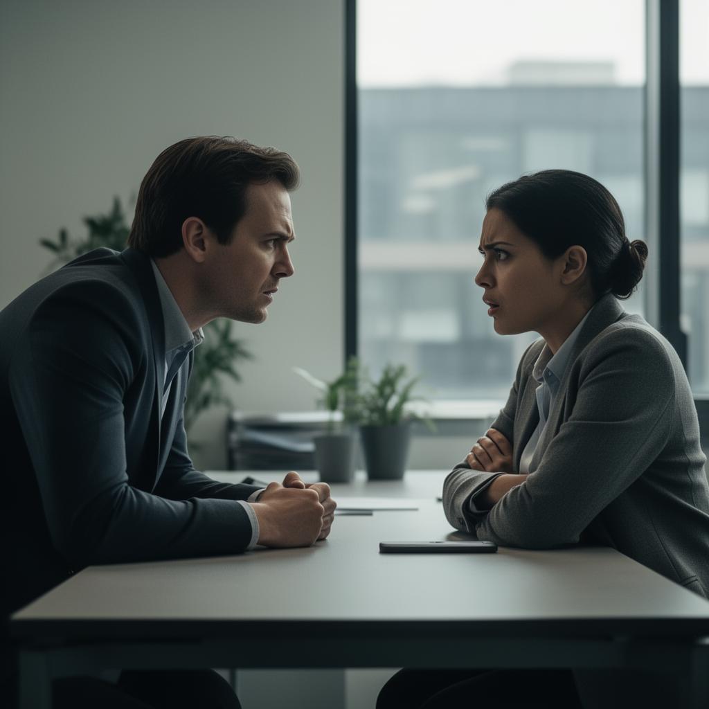 Two colleagues in a tense, focused disagreement across a desk in a modern office with soft window light