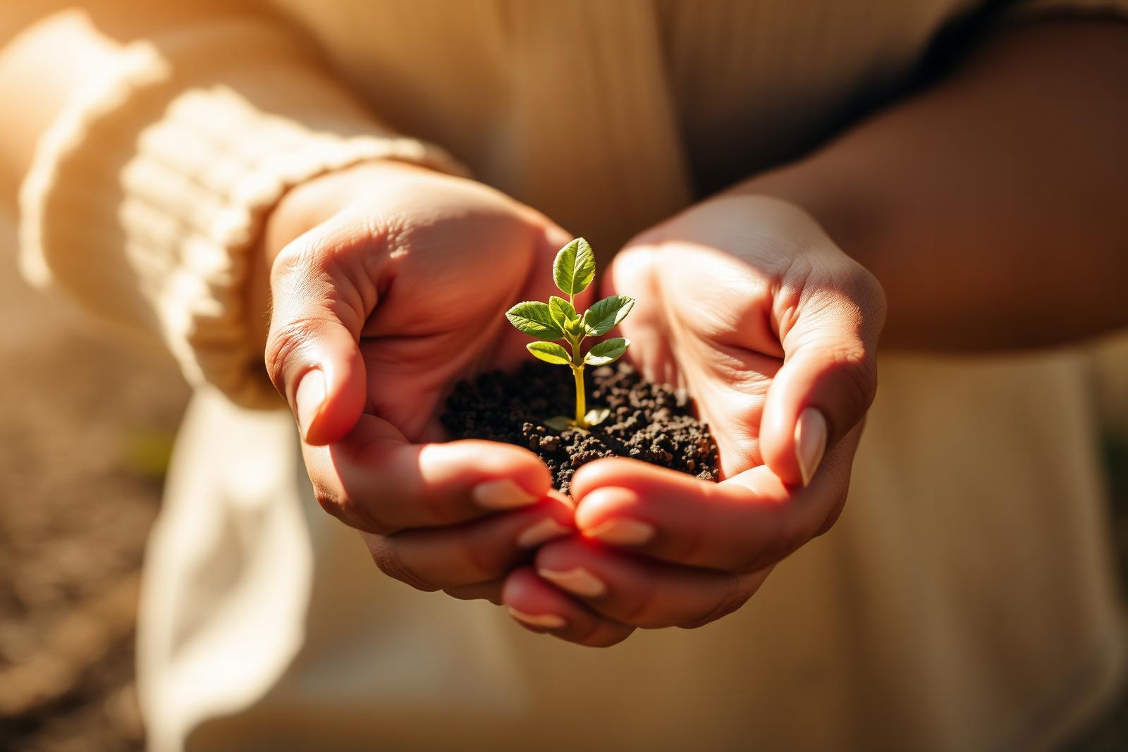 Hands gently holding a small green sprout in warm sunlight, symbolising hope, emotional healing and restoration