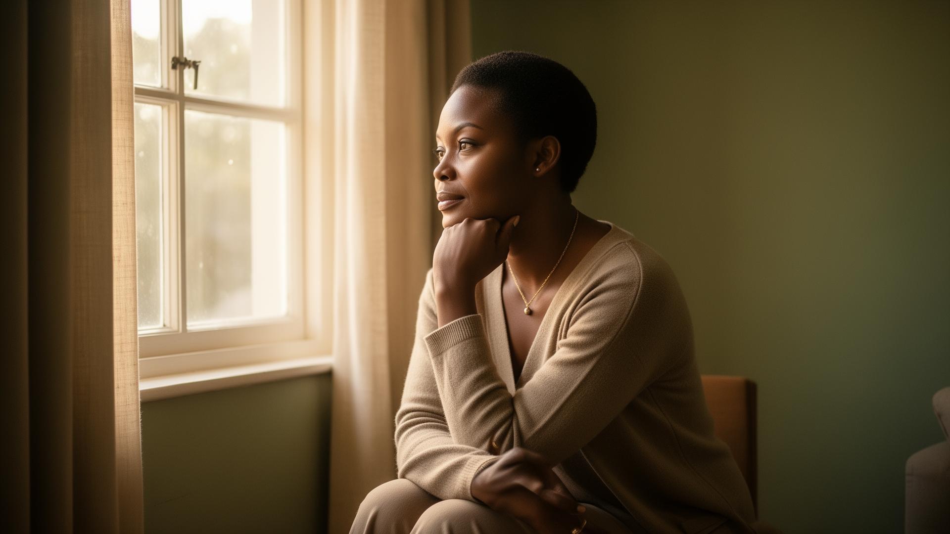 A woman sitting thoughtfully in calm natural light, reflecting on managing anxiety and emotional wellbeing