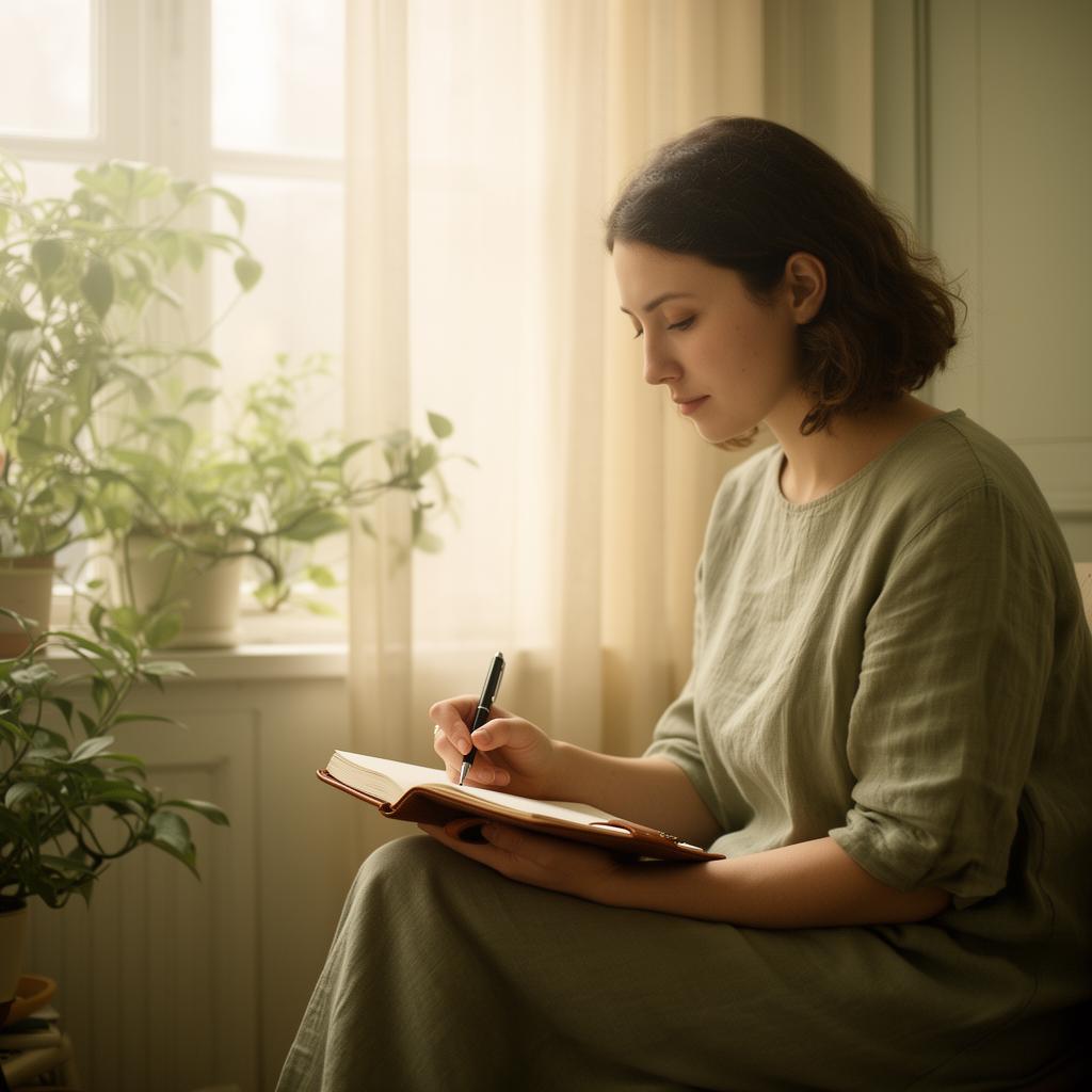 A person journaling quietly by a window in soft morning light, representing reflective spiritual wellbeing and intentional self-care