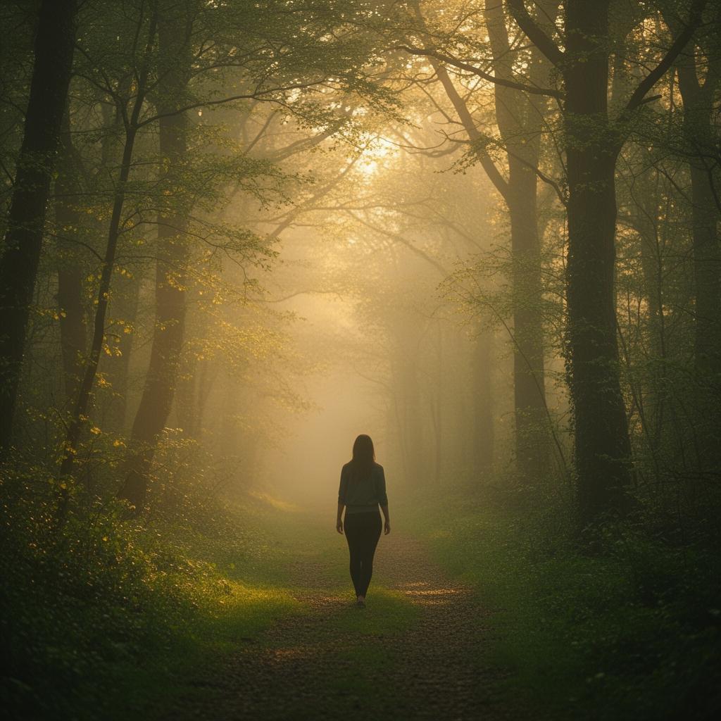 A serene person walking through a misty green forest path at golden hour, reflecting on holistic wellness and emotional wellbeing