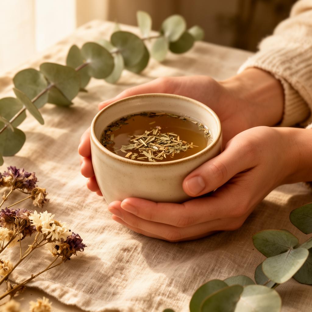 Gentle hands holding a warm cup of herbal tea surrounded by eucalyptus leaves, symbolising restorative self-care and holistic healing