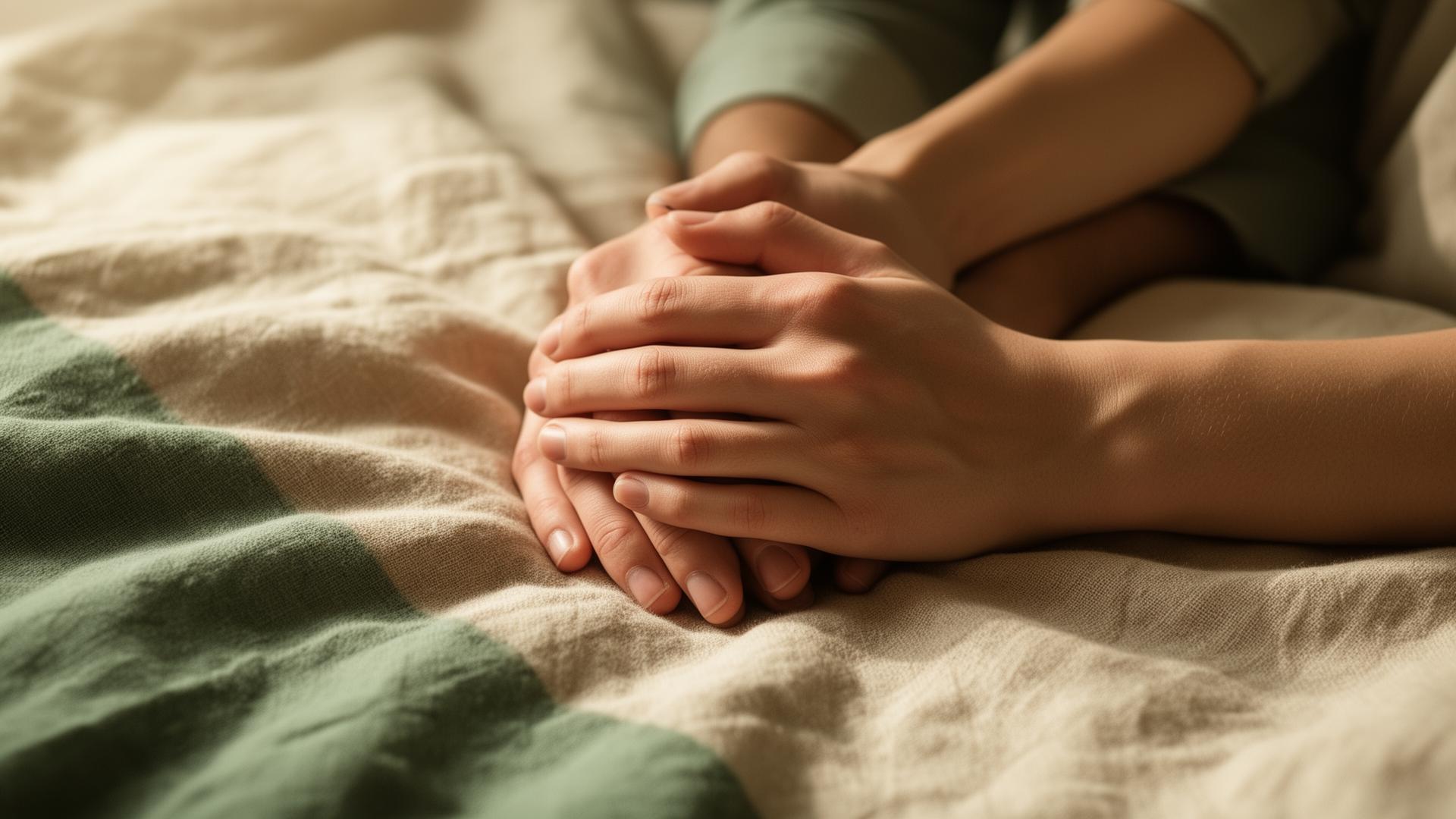 Two hands gently clasped together on soft linen — symbolising emotional safety, trust, and reconnection in a relationship
