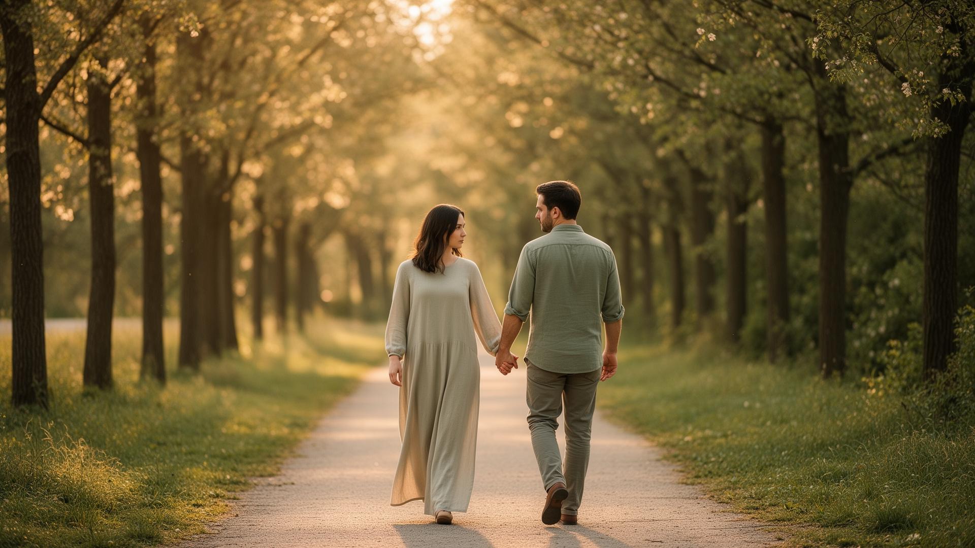 A couple walking hand in hand along a peaceful tree-lined path at golden hour — symbolising trust, healing, and renewed emotional connection in a relationship