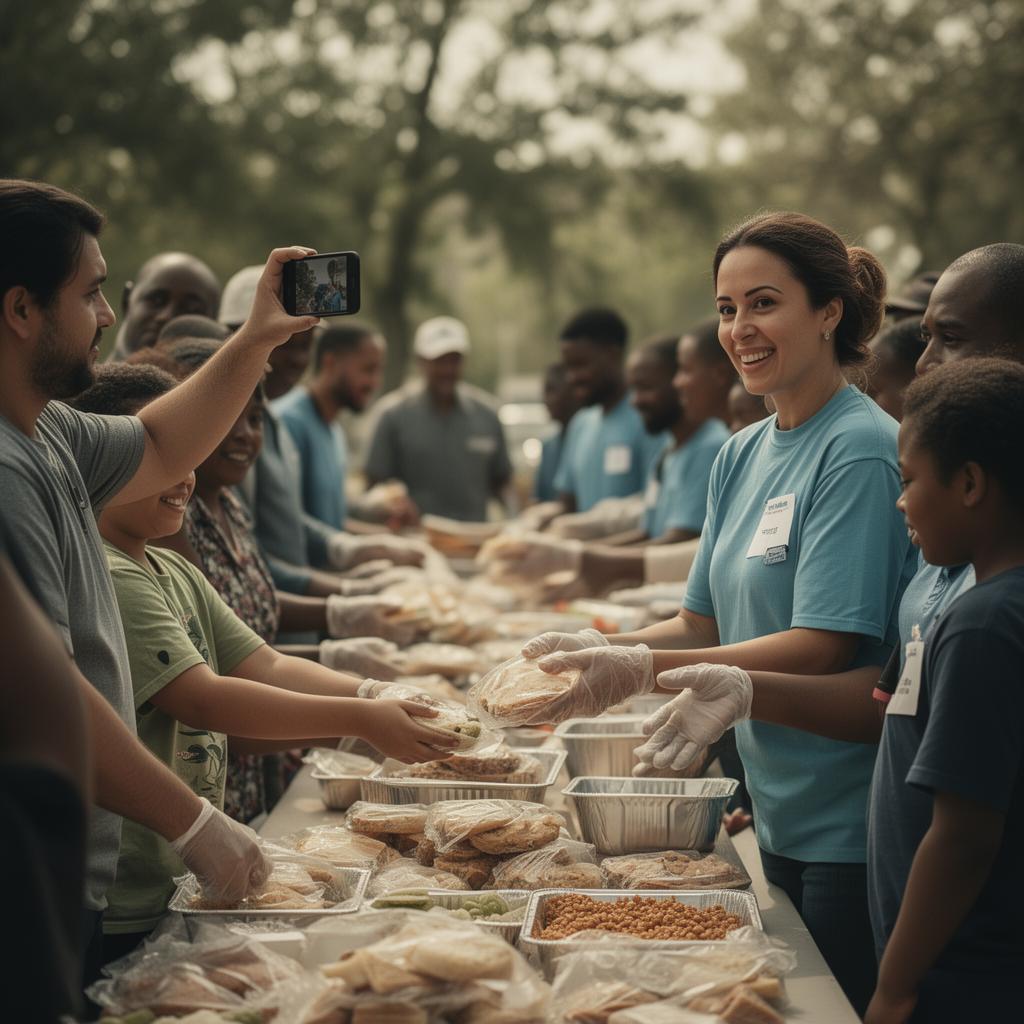A volunteer serving food at a community outreach event while someone nearby films her with a phone
