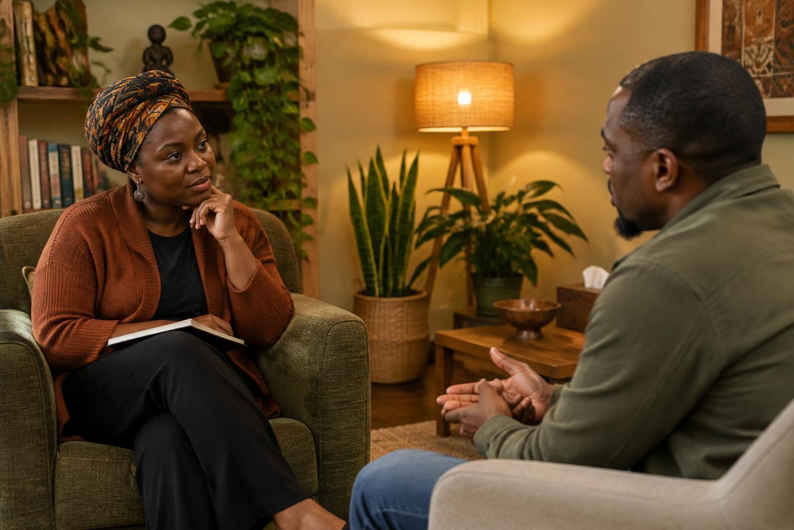 Two people talking calmly in armchairs in a warmly lit counselling room with plants and a floor lamp