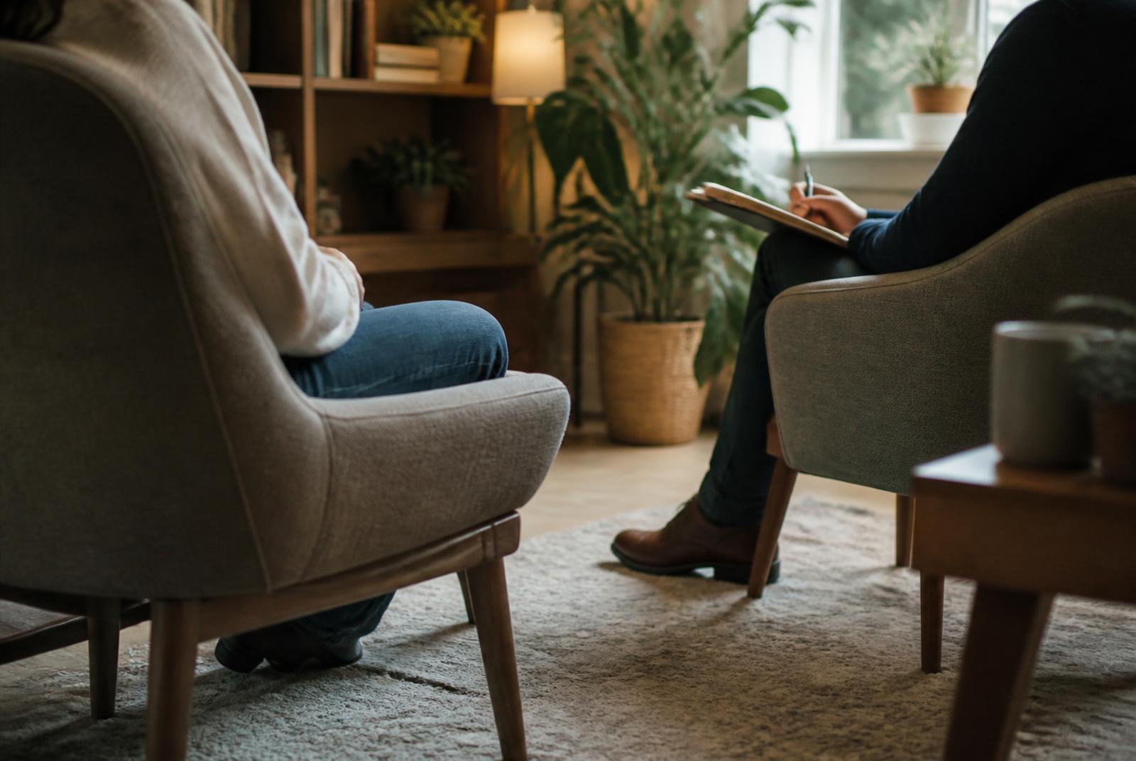 Warm therapy room with two armchairs during a counselling session focused on boundaries and emotional wellbeing