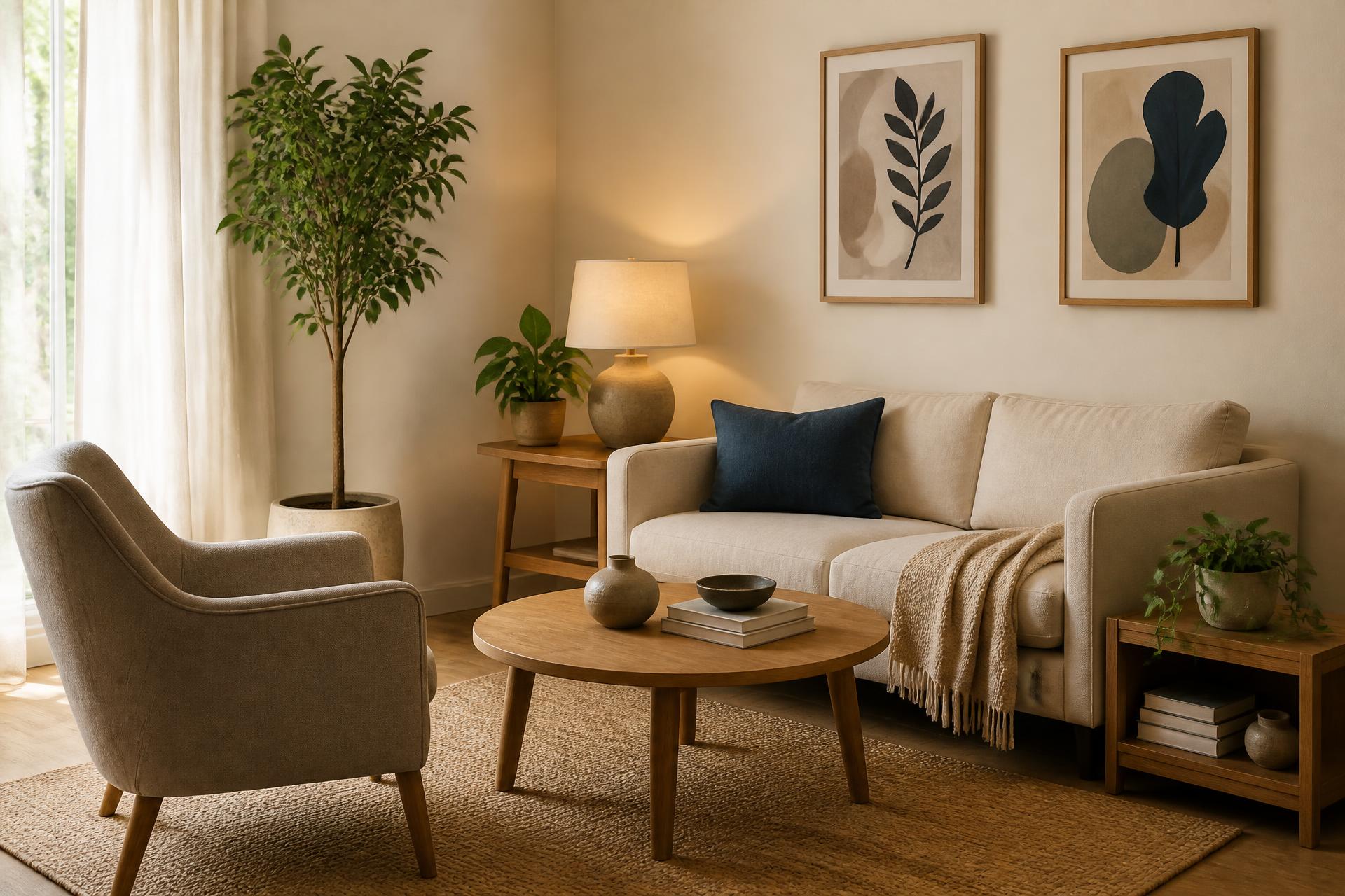 A calm, warmly lit counselling room with a single armchair facing a two-seater couch, plants and soft natural light
