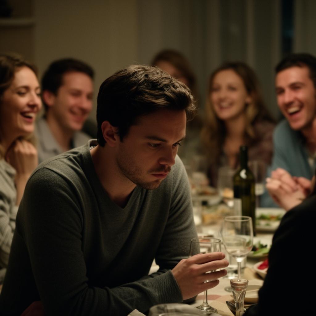 A withdrawn young man sitting quietly at the edge of a dinner party as others laugh in warm low light