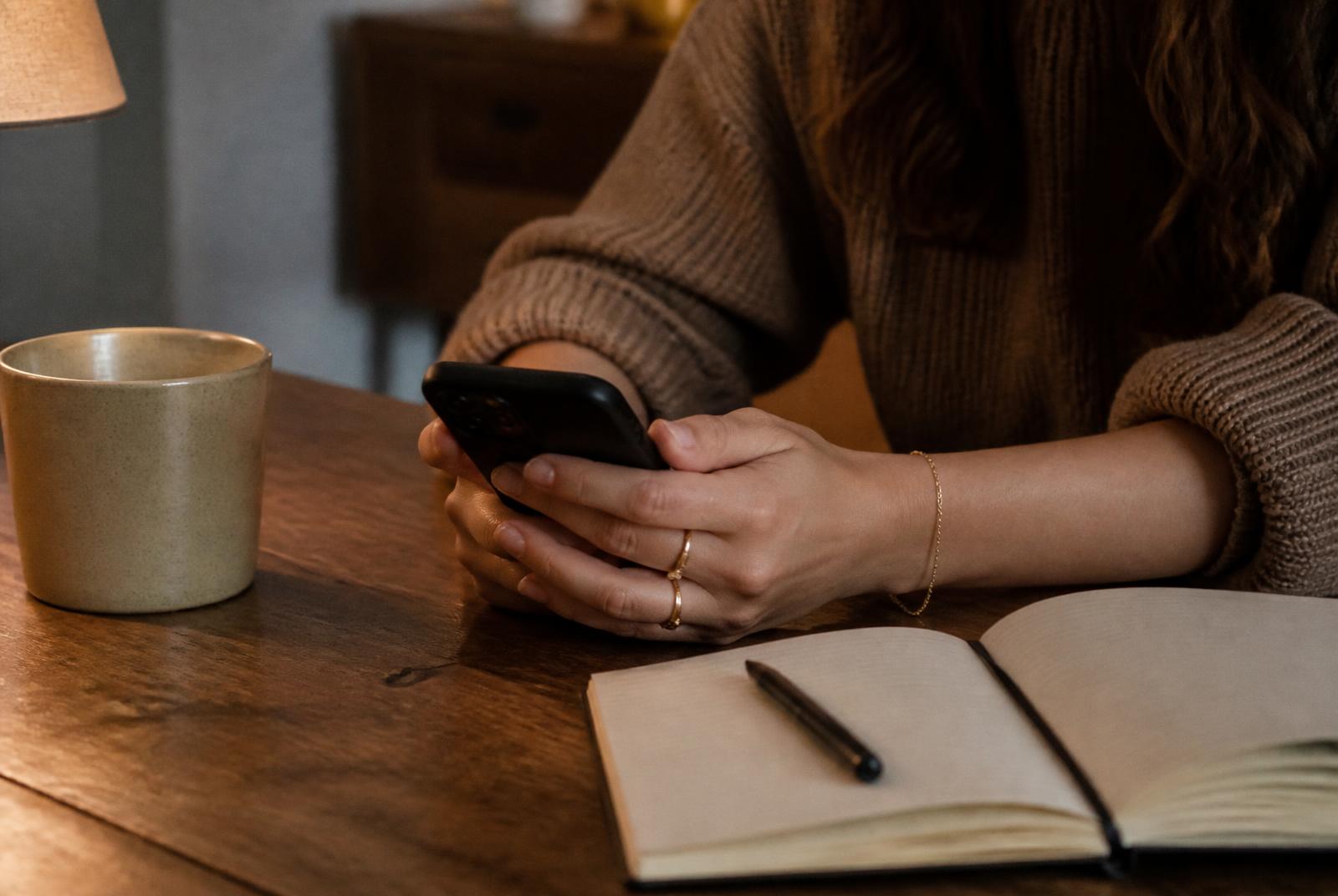 Woman setting a digital boundary by placing her phone face down beside a journal in the evening