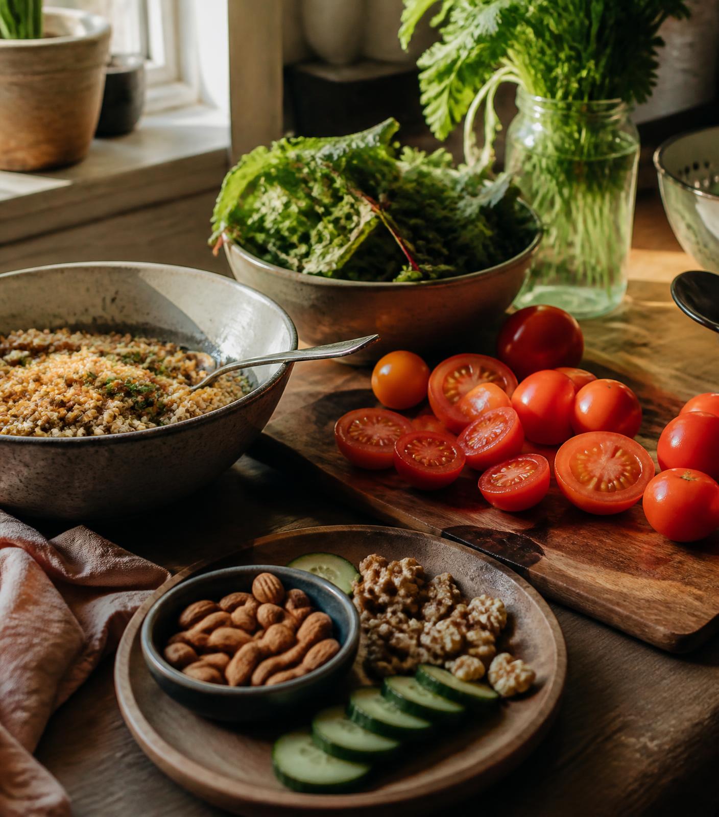 Colourful everyday food being prepared in a warm kitchen
