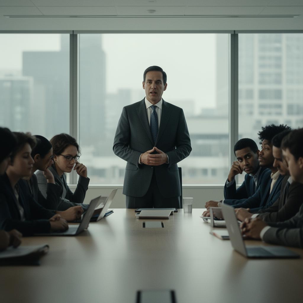 A confident executive standing at the head of a boardroom table while colleagues look disengaged