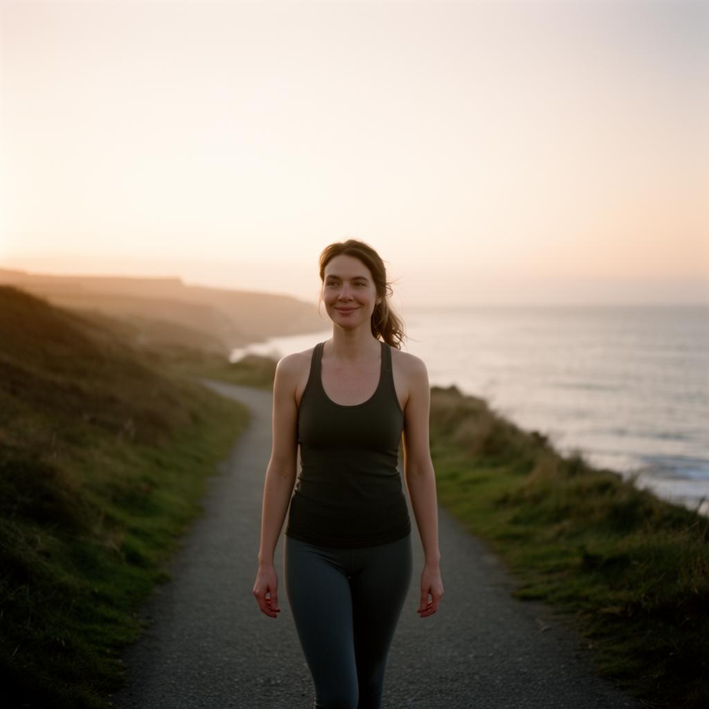 A woman walking alone along a quiet coastal path at golden hour with a soft, peaceful expression