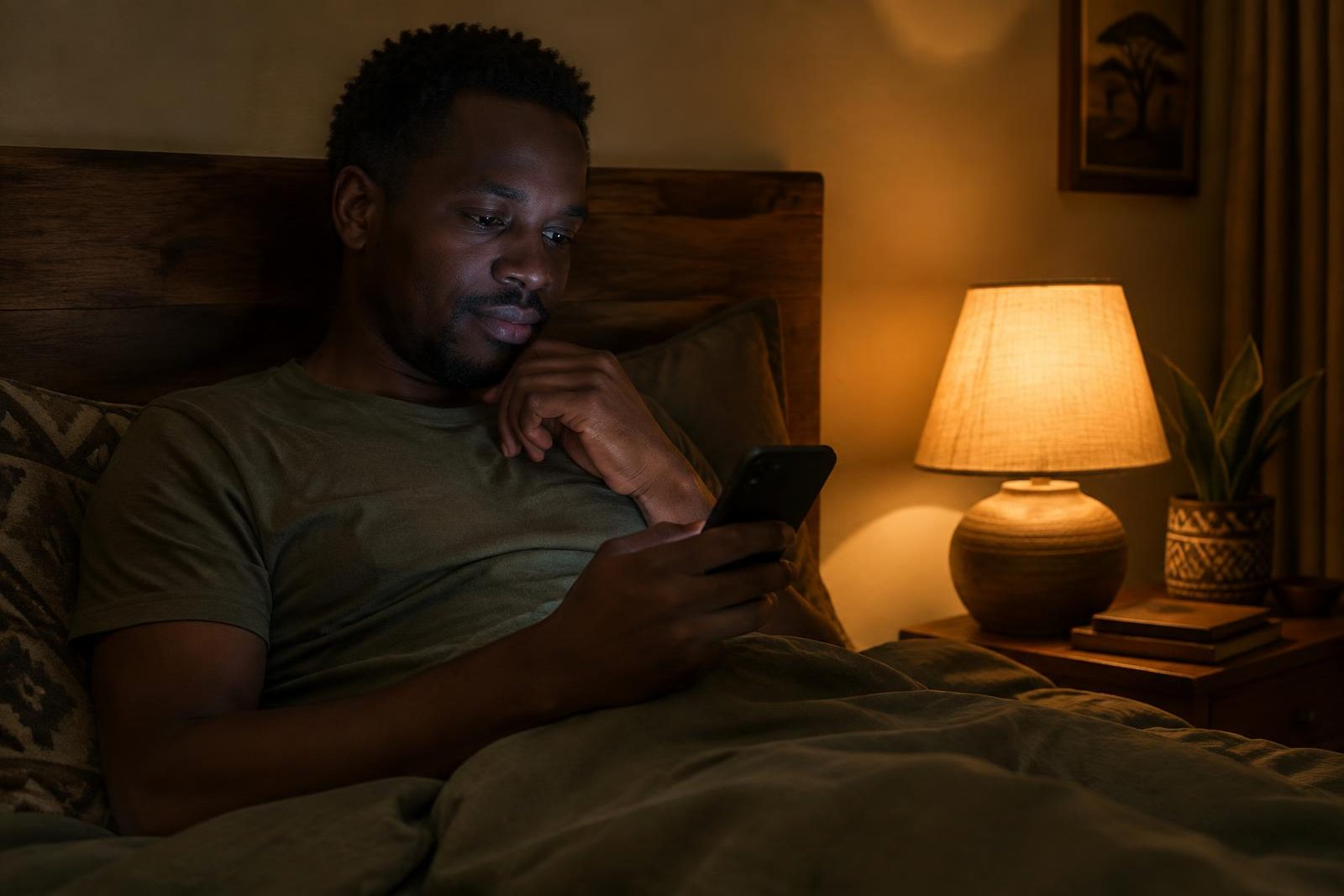Man sitting up in bed late at night, reading his phone by the warm light of a bedside lamp