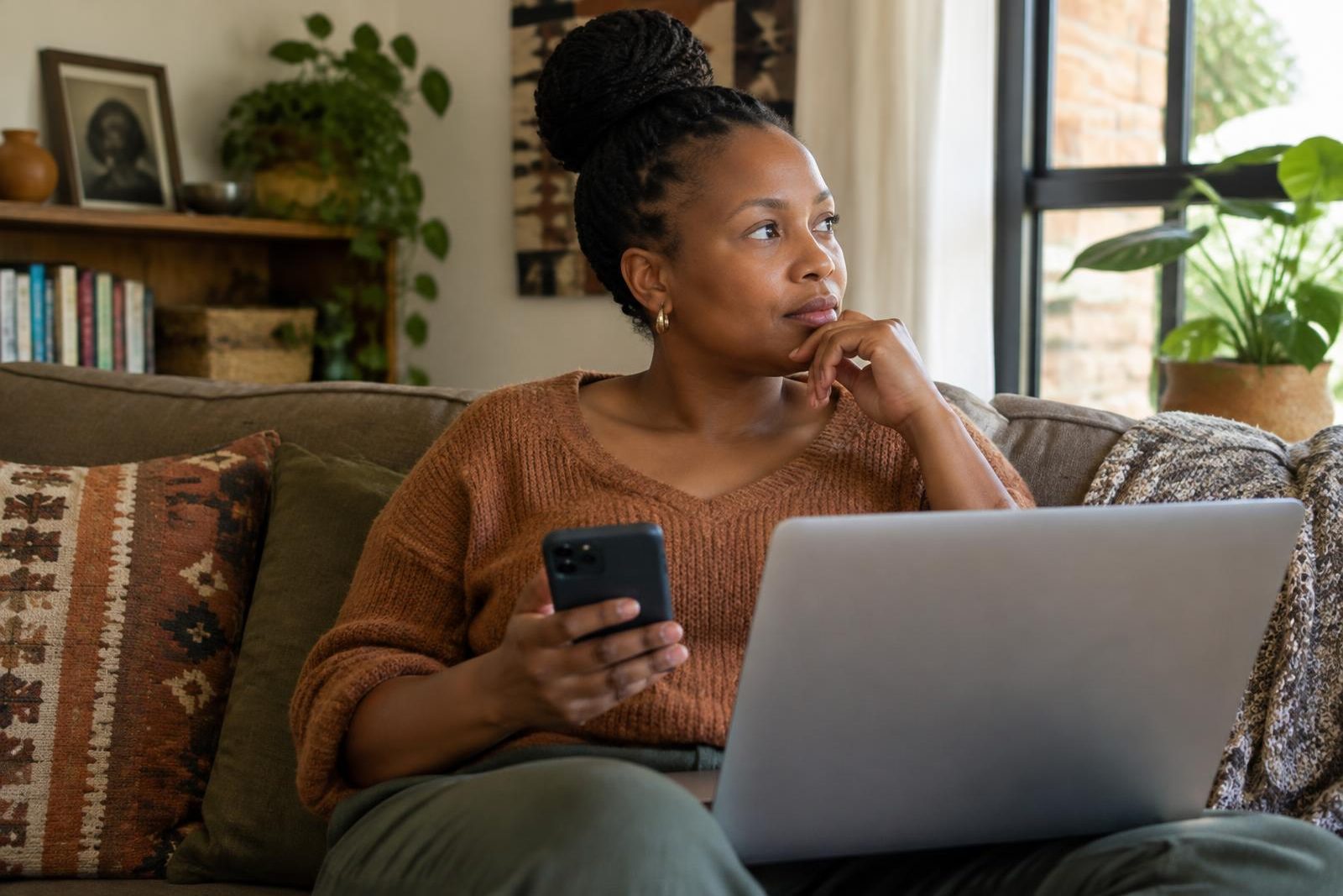 Woman sitting on a couch at home with her phone and laptop, gazing out of the window thoughtfully in warm natural light