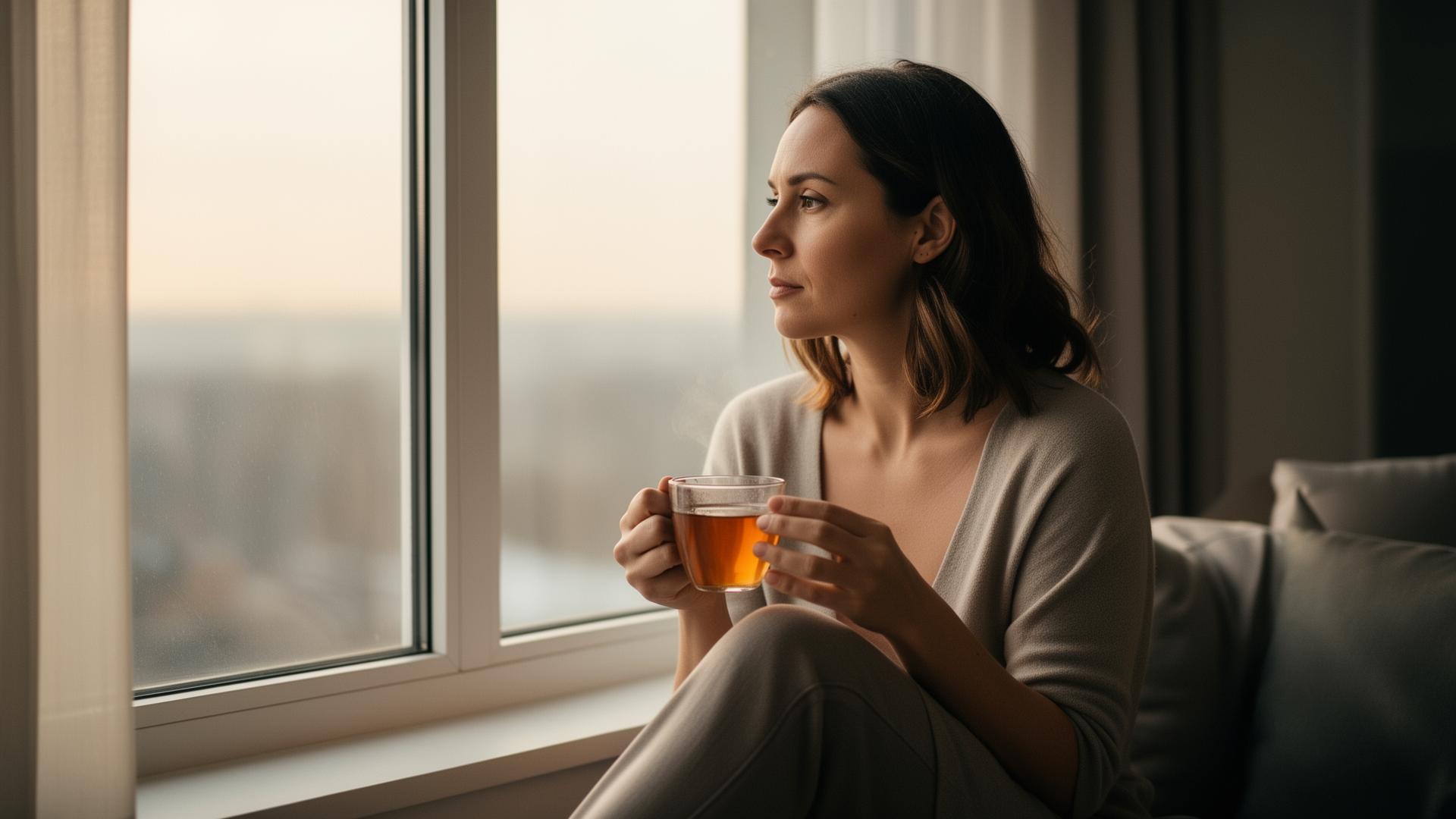 A woman sitting by a window with a warm cup in her hands, looking out reflectively in soft morning light