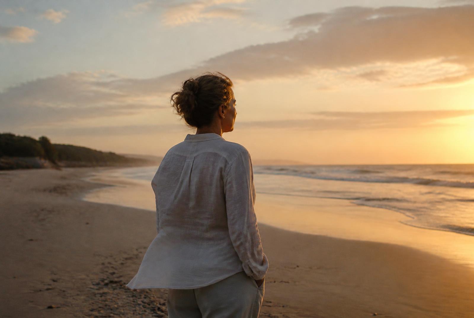 Woman standing peacefully alone on a quiet beach at sunrise, reflecting on healthy boundaries and emotional wellbeing