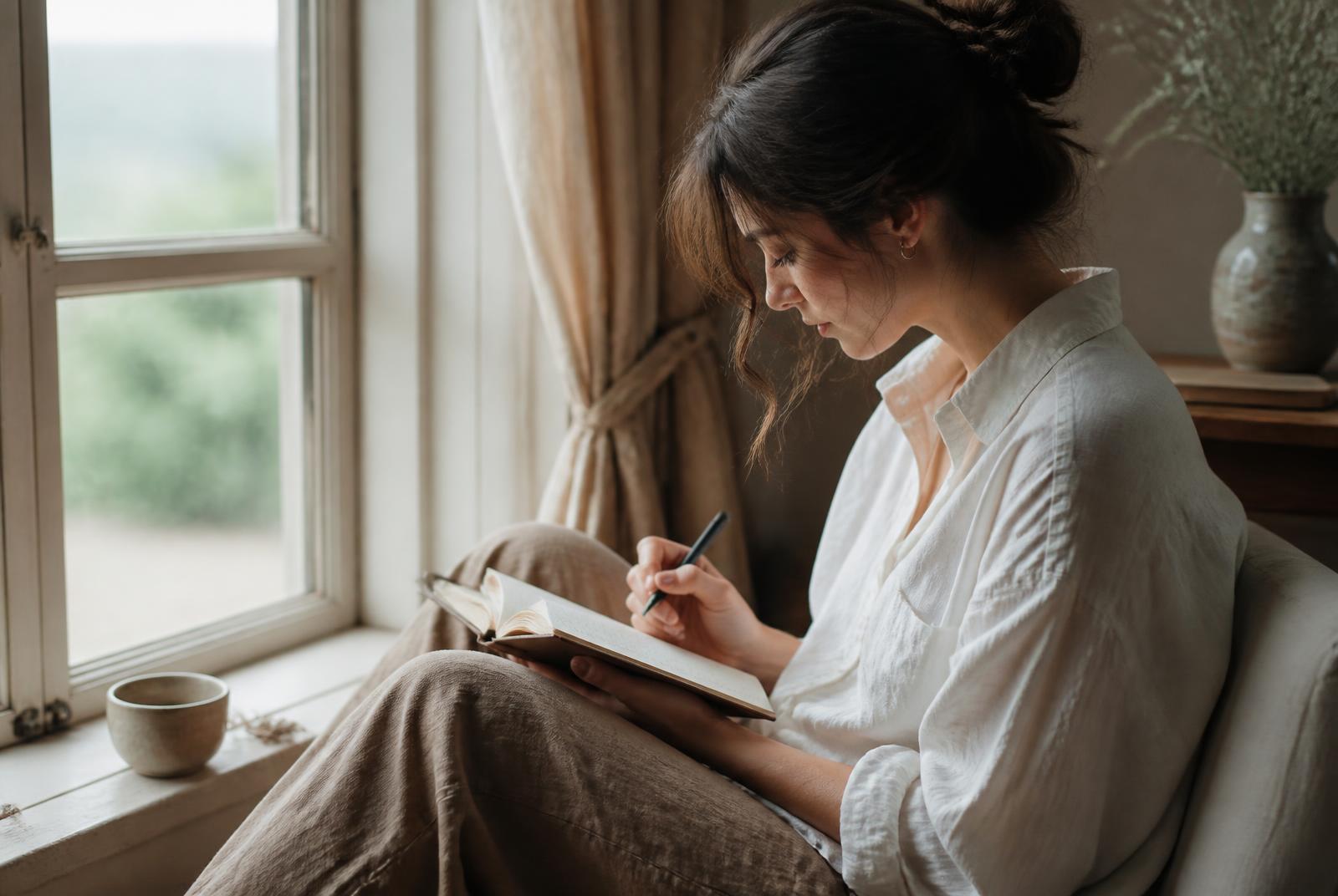 Woman journalling beside a window with tea, reflecting on the beliefs behind people pleasing and poor boundaries