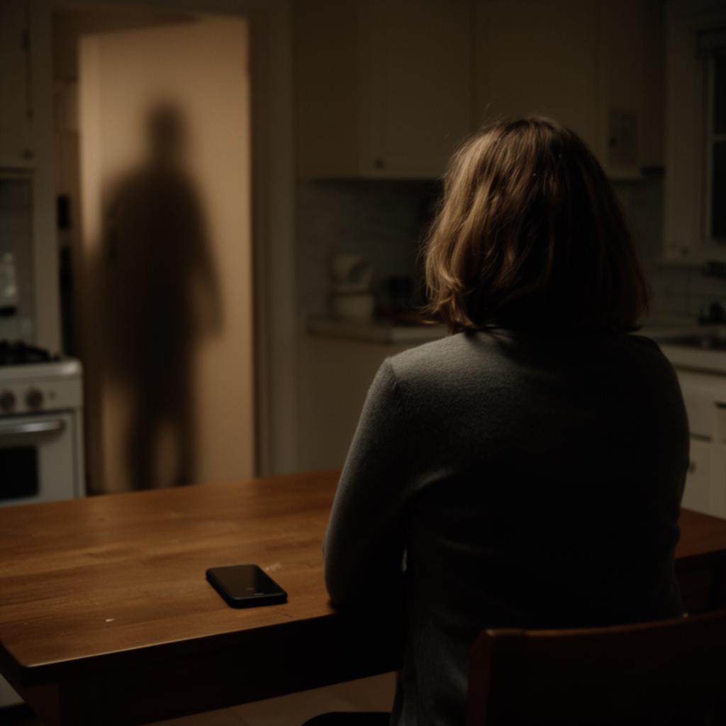 A woman sitting alone at a kitchen table in low warm light with a softly out-of-focus figure standing in the doorway behind her