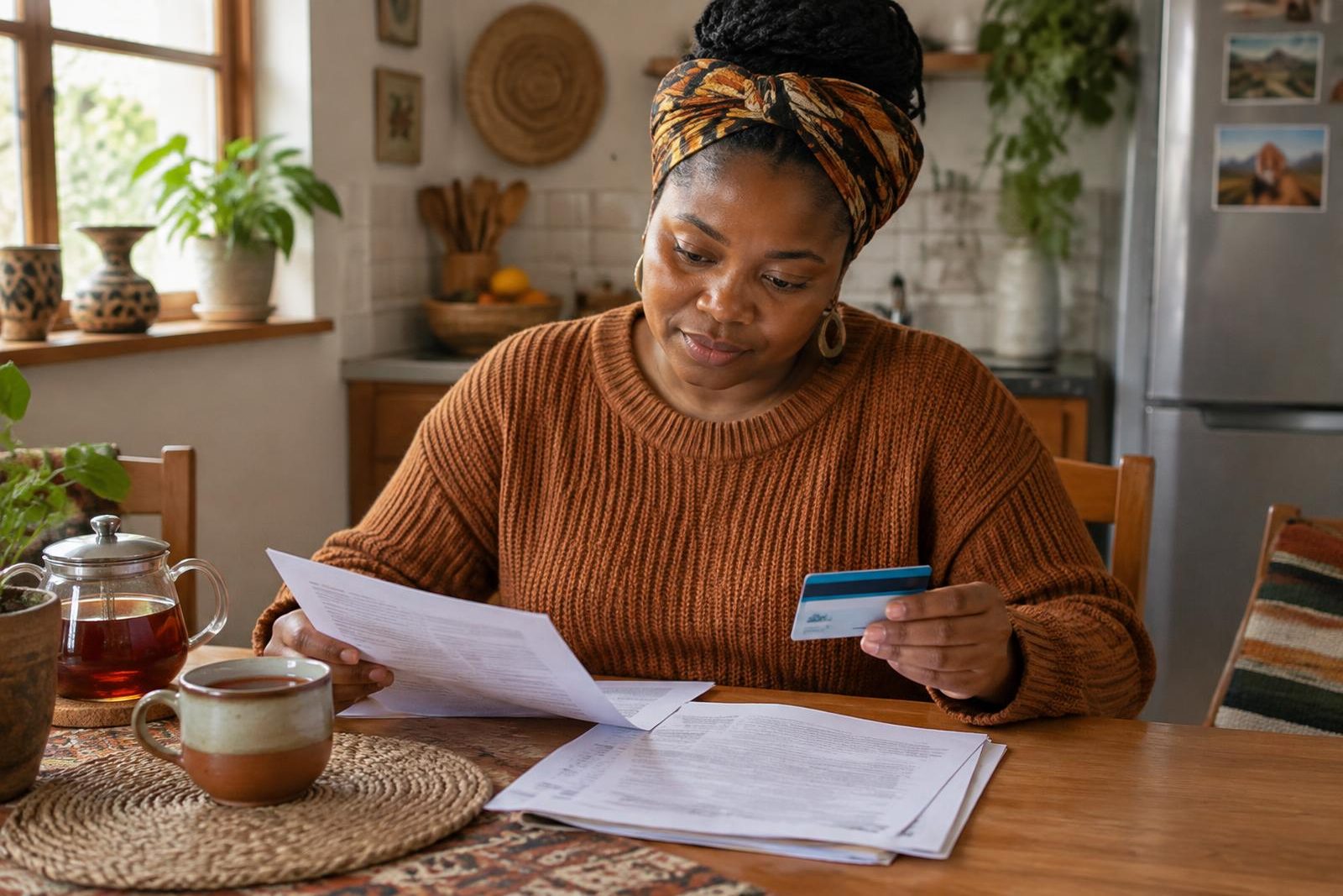 Woman at a kitchen table with a pot of rooibos tea, reading through medical scheme paperwork while holding her card