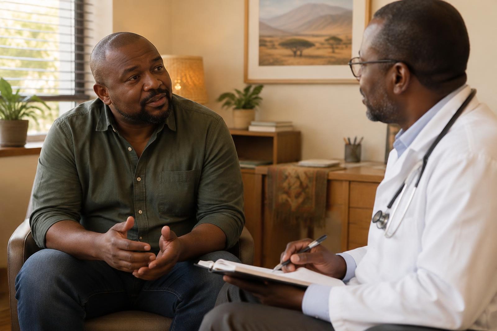 Man in a green shirt talking openly with a doctor who takes notes during a calm consultation in a warmly lit room