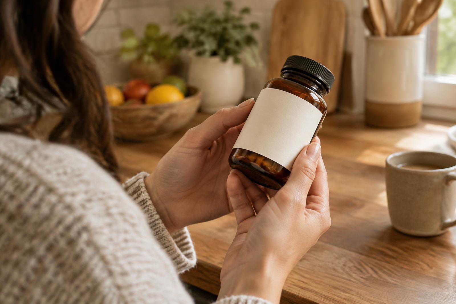 Hands holding an amber supplement bottle with a plain label, reading it carefully at a wooden kitchen counter