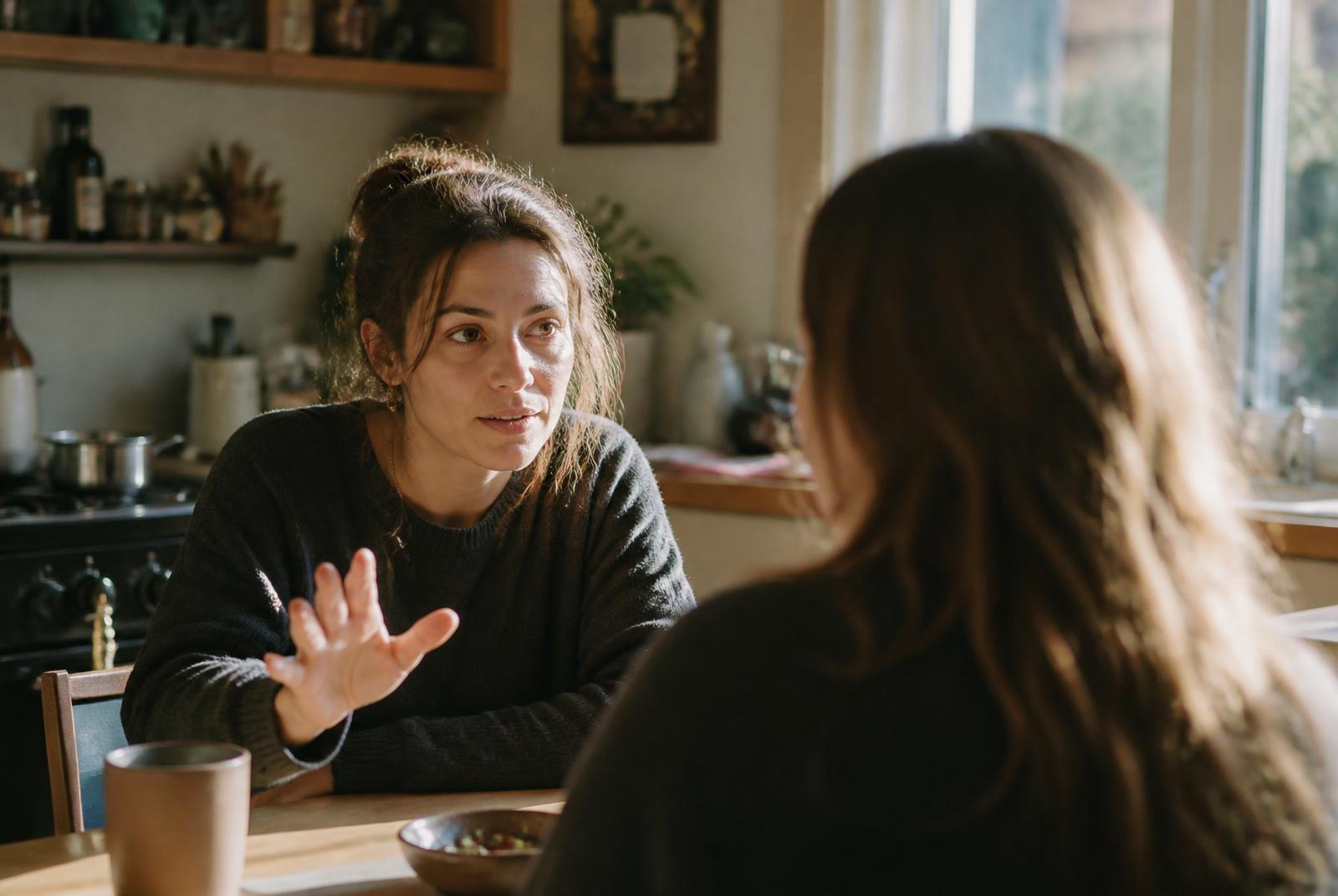Woman setting a kind but firm personal boundary during a conversation with a friend at a kitchen table