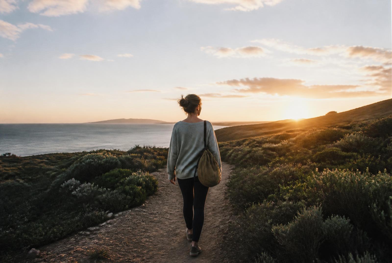Woman walking confidently along a coastal path towards the sunrise after learning to set healthy boundaries