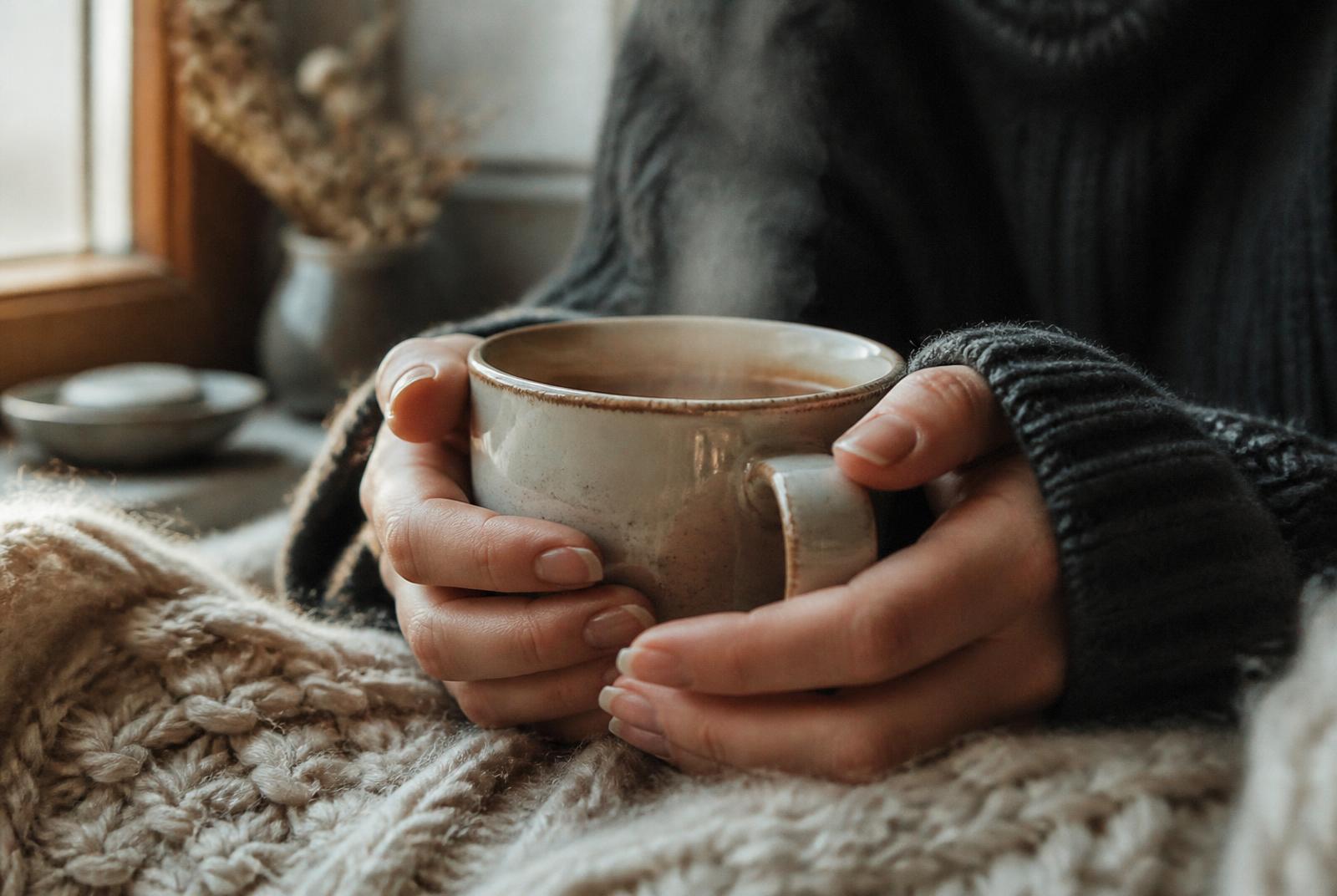 Close-up of hands holding a warm mug during a quiet moment of emotional awareness and self-reflection