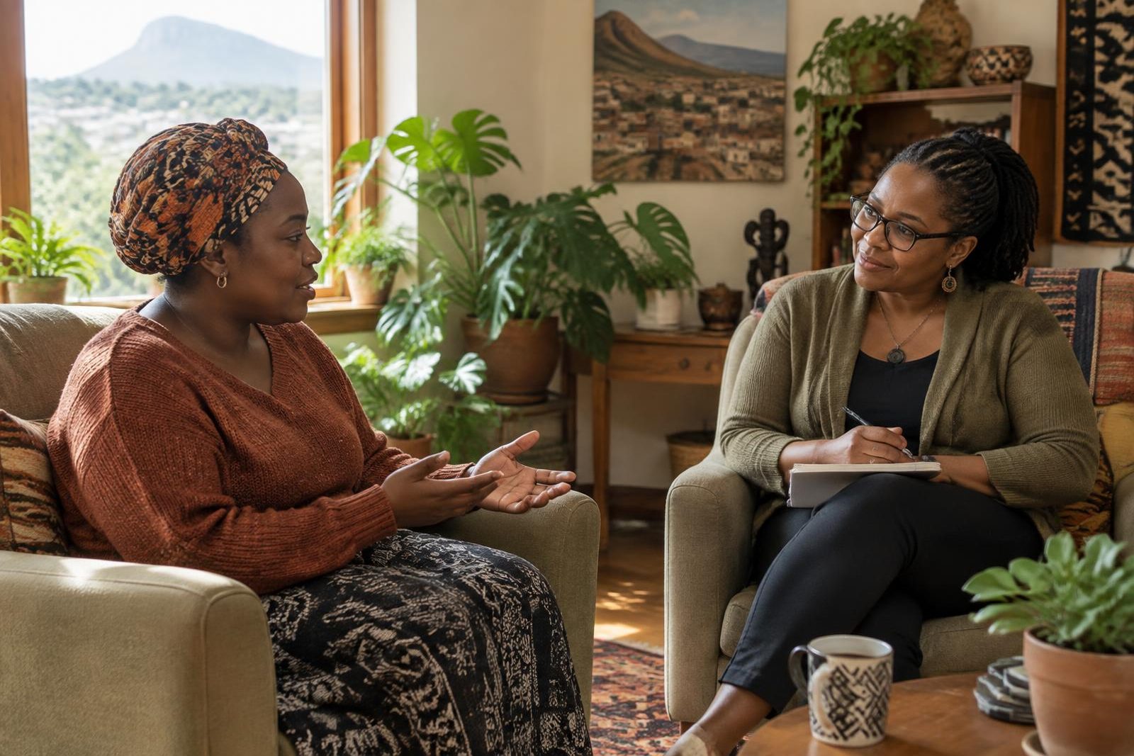 Two women talking in armchairs in a plant-filled living room, one sharing while the other listens attentively